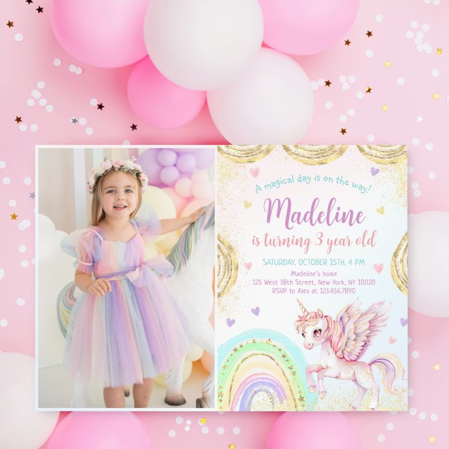 Magical Rainbow Unicorn Pink Gold Birthday Photo Invitation (Creator Uploaded)