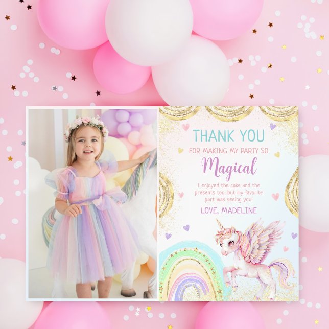 Magical Rainbow Unicorn Pink Gold Birthday Photo Thank You Card (Creator Uploaded)