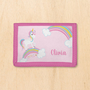 Magical Rainbow Unicorn Pink Personalised Girls Trifold Wallet