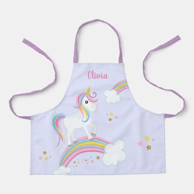 Magical Rainbow Unicorn Purple Personalised Kids Apron (Front)