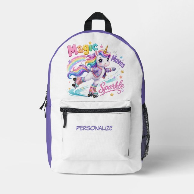 Magical Rainbow Unicorn Roller Skates Personalised Printed Backpack (Front)