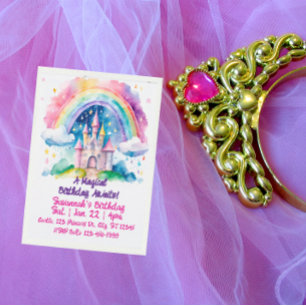 Magical Rainbow Watercolor Fantasy Castle Birthday Invitation