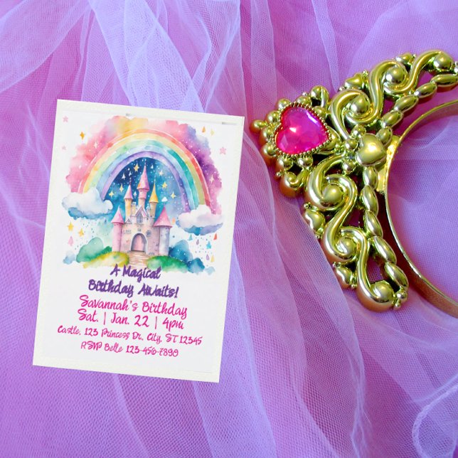 Magical Rainbow Watercolor Fantasy Castle Birthday Invitation (Creator Uploaded)