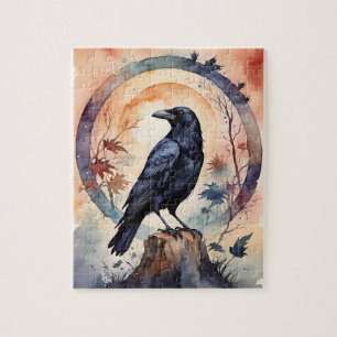 Magical Raven Sunset Fantasy Fall Forest Jigsaw Puzzle
