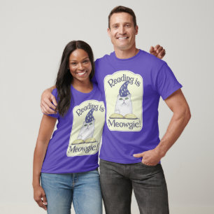 Magical Reading Cat Cartoon Art Design T-Shirt