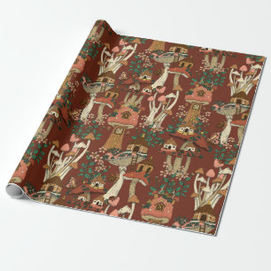 Magical Red Cottage Core Floral Mushroom Pattern Wrapping Paper