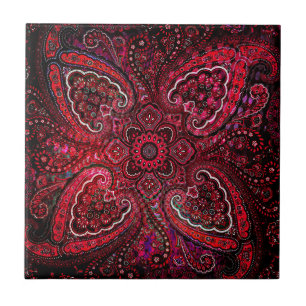 Magical Red Paisley on Black Background Tile