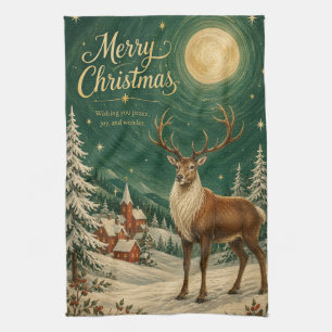 Magical Reindeer Winter Moonlight Tea Towel