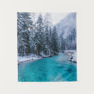 Magical river in enchanted winter forest tapestry