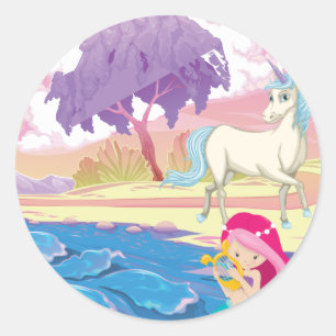 Magical Riverbank with Fairies Unicorn and Mermaid Classic Round Sticker