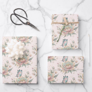 Magical Rose and Butterfly Pastel Colors Pattern Wrapping Paper Sheet