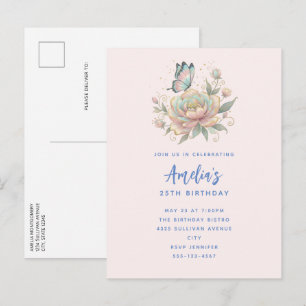 Magical Rose and Butterfly Pastel Colours Birthday Invitation Postcard