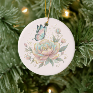 Magical Rose and Butterfly Pastel Colours Ceramic Tree Decoration
