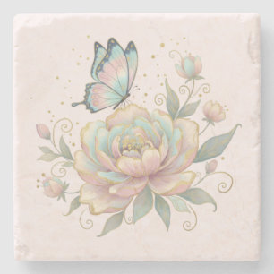 Magical Rose and Butterfly Pastel Colours Stone Coaster