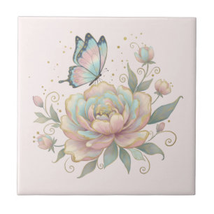 Magical Rose and Butterfly Pastel Colours Tile