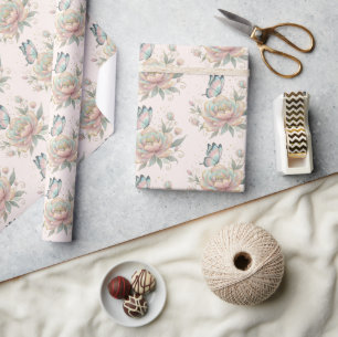 Magical Rose and Butterfly Pattern Pastel Colors  Wrapping Paper
