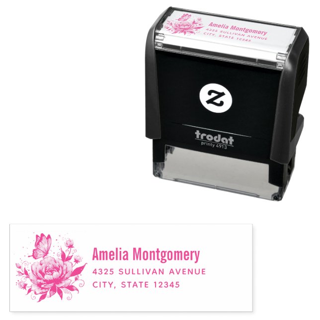 Magical Rose and Butterfly Whimsical Address Self-inking Stamp (In Situ)