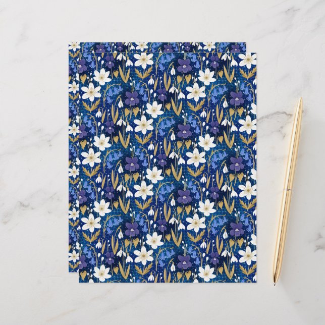 Magical Royal Blue Floral Pattern Scrapbook Paper (Front/Back In Situ)