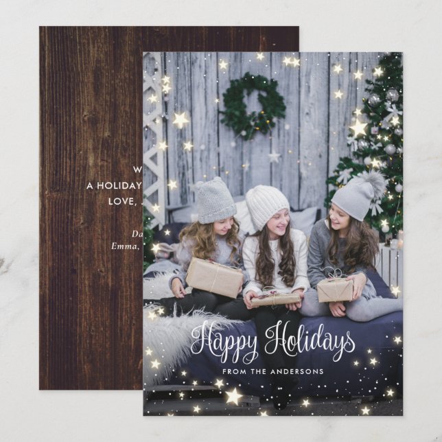 Magical Rustic Wood Snow Stars Photo Holiday Card (Front/Back)