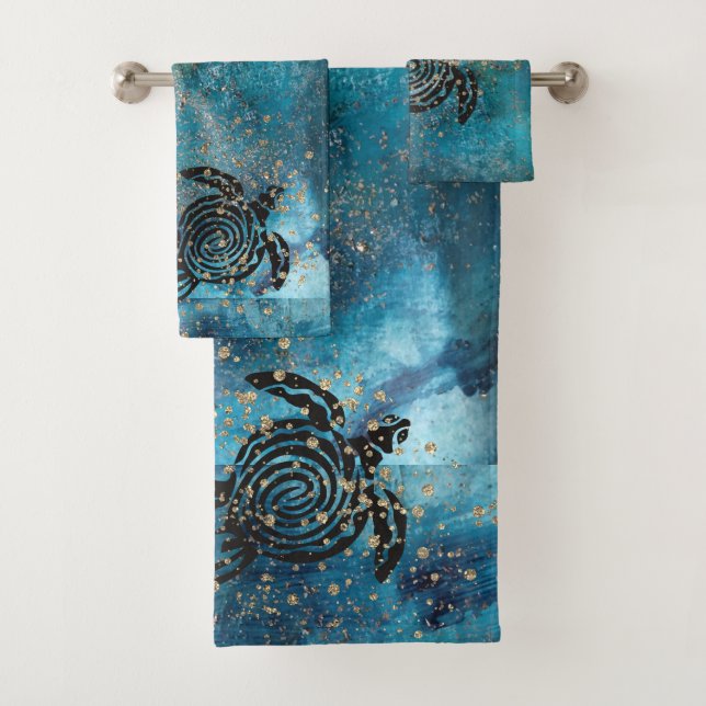 Magical Sea Turtle Glittery Blue Bath Towel Set (Insitu)