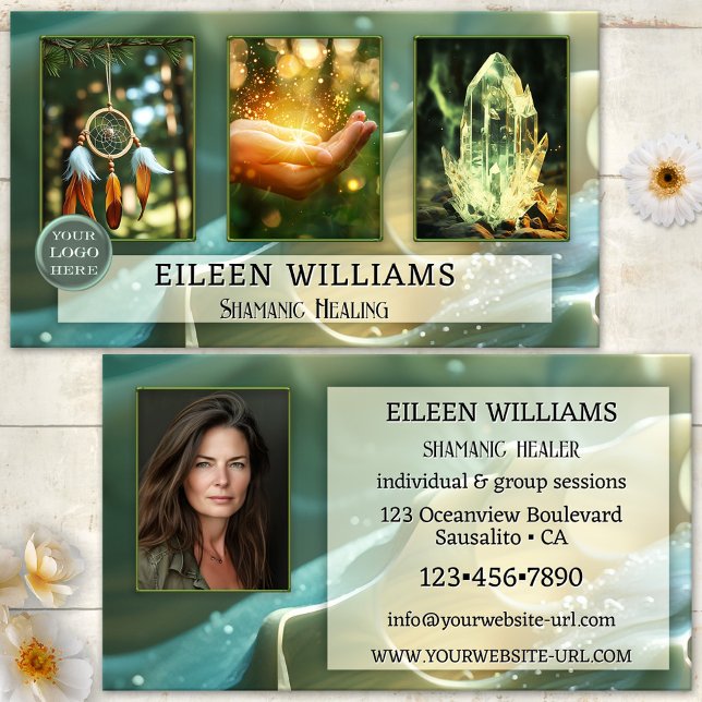 Magical Shamanic Healing Photo Business Card (Business card featuring your custom photos framed by a magical shell like design in teal and green)