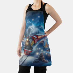 Magical Snowy Christmas Train Winter Scene Apron