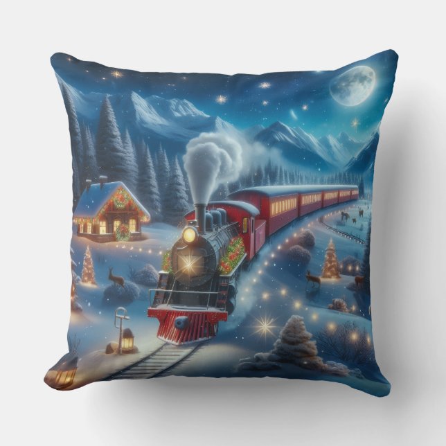 Magical Snowy Christmas Train Winter Scene Cushion (Front)