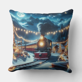 Magical Snowy Christmas Train Winter Scene Cushion