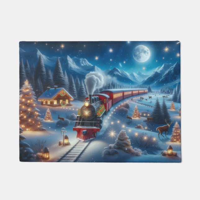 Magical Snowy Christmas Train Winter Scene Doormat (Front)