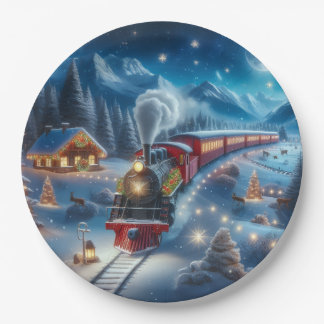Magical Snowy Christmas Train Winter Scene Paper Plate