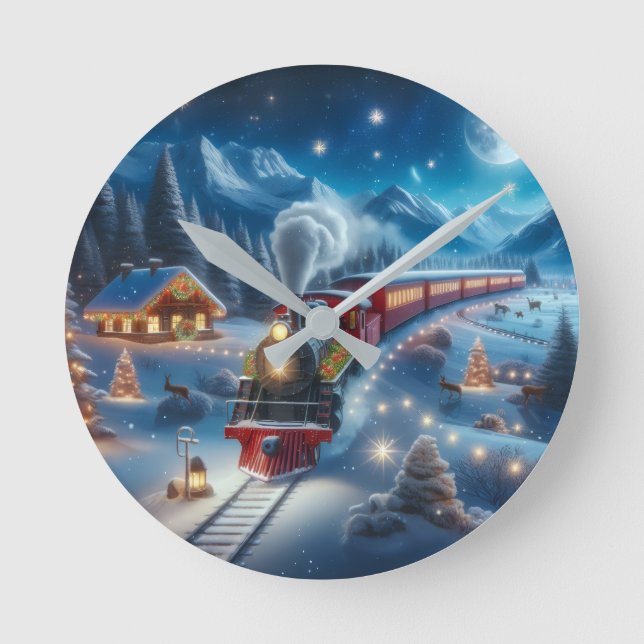 Magical Snowy Christmas Train Winter Scene Round Clock (Front)