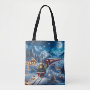 Magical Snowy Christmas Train Winter Scene Tote Bag