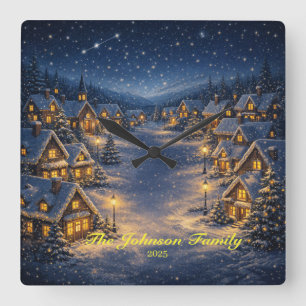 Magical Snowy Christmas village at night Square Wall Clock