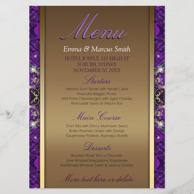 Magical Sparkle Gold+Purple Wedding Big Size Menu (Front)