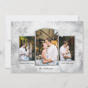 Magical Sparkly Silver Snowflakes 3-Photo  Holiday Card