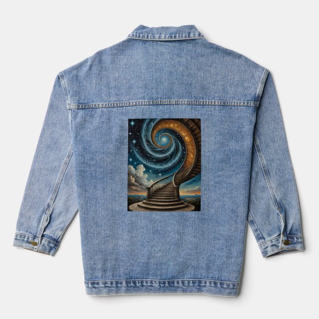 Magical Spiral Staircase Into Starry Galaxy Tee Denim Jacket (Back)
