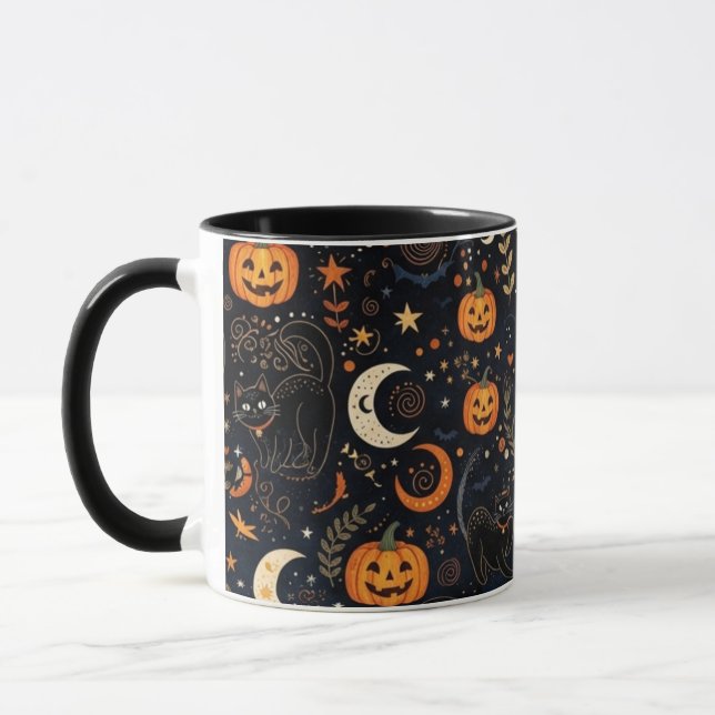 Magical Spooky Black Cat and Moon Mug (Left)