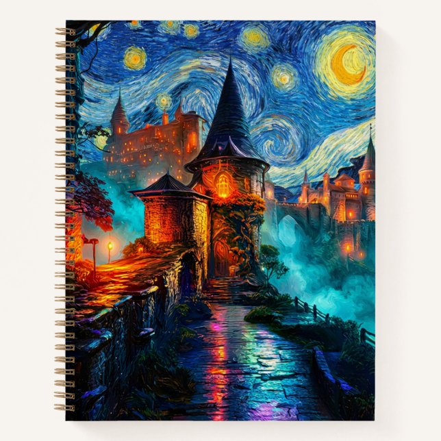 Magical Starry Night Castle Fantasy Writer Notebook (Front)