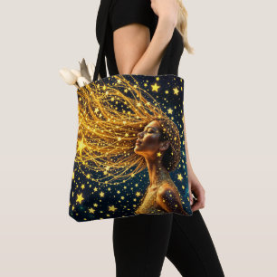 Magical starry portrait of gold fantasy woman tote bag