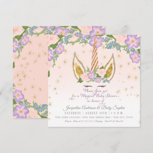 Magical Stars Baby Girl Shower Unicorn Horn Floral Invitation (Front/Back)