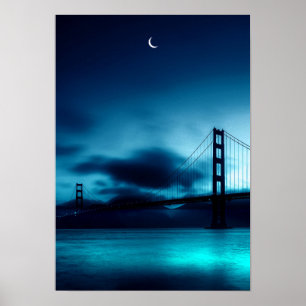 Magical Summer Night with Crescent and Bridge Poster