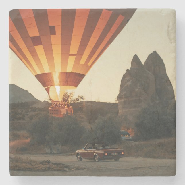 Magical Sunrise Hot Air Balloon View With Red Car Stone Coaster (Front)