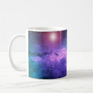 Magical surreal colourful space background with ma coffee mug