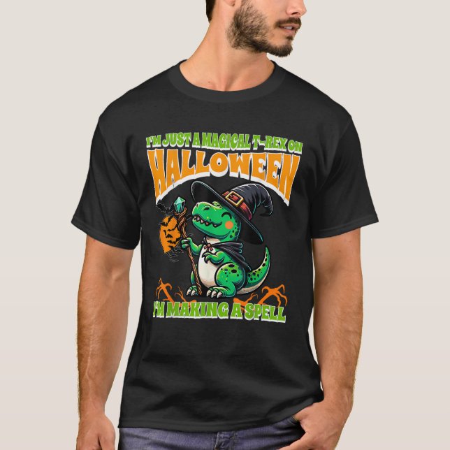 Magical T Rex Dinosaur Witch Halloween Spell Fun T-Shirt (Front)