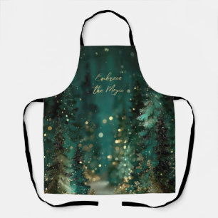 Magical Teal Green Forest Gold Bokeh Apron