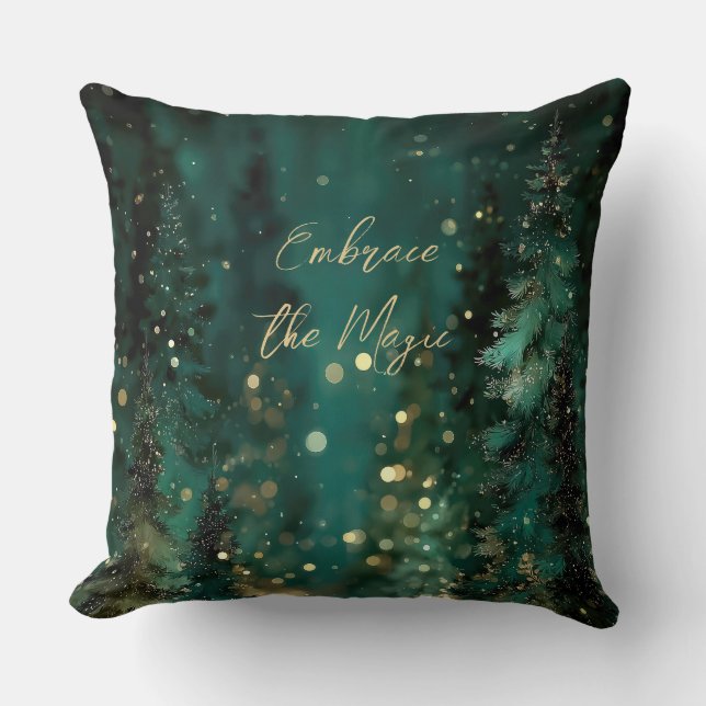 Magical Teal Green Forest Gold Bokeh Cushion (Front)