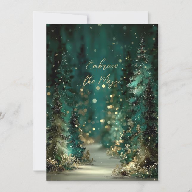 Magical Teal Green Forest Gold Bokeh Flat Card (Front)