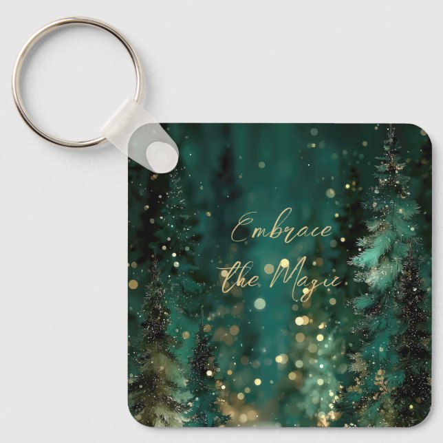 Magical Teal Green Forest Gold Bokeh Key Ring (Front)