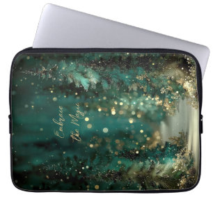 Magical Teal Green Forest Gold Bokeh Laptop Sleeve