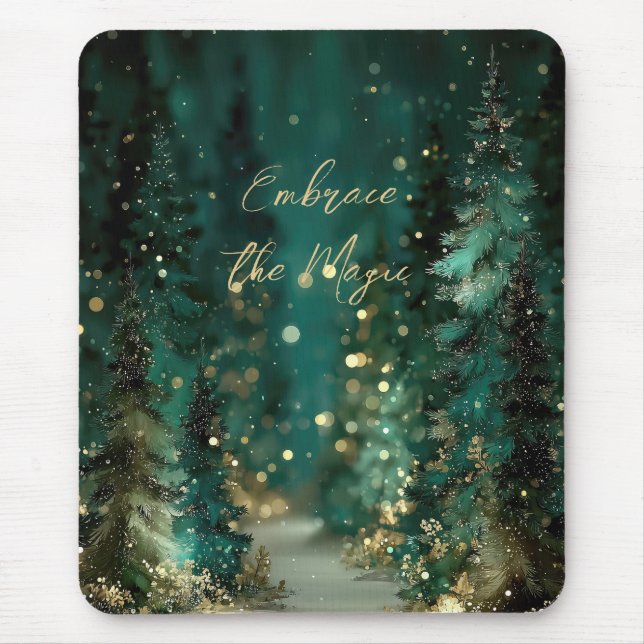 Magical Teal Green Forest Gold Bokeh Mouse Pad (Front)